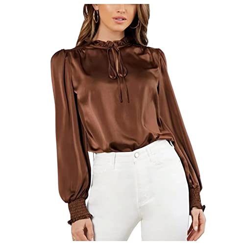 Blusas femininas de manga comprida com manga comprida e gravata borboleta lisa com babados e elegant