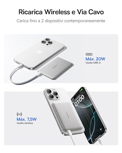 Baseus Picogo AM41 Power Bank, Ultra Slim 5000mAh Magsafe Powerbank, Ricarica Rapida PD 20W, Portatile, Magnetico Batteria Esterna Wireless con cavo USB C per iPhone 17/16/15/14/13/12, Titanio - Immagine 2