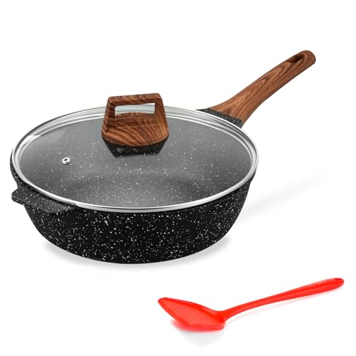 Image of ESLITE LIFE Nonstick Deep Frying Pan Skillet with Lid, 11 Inch Saute Pan Kitchen Cooking Pans Compatible with All Stovetops, PFOA Free (Black Granite, 11" w/Lid & Spatulas)