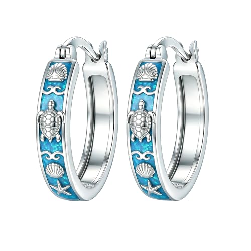 Wildari Turtle Huggie Earrings 925 Sterling Silver Turtle Small Huggie Hoop Earrings with Blue Opal Ocean Beach Jewelry Gifts for Women Mom Her