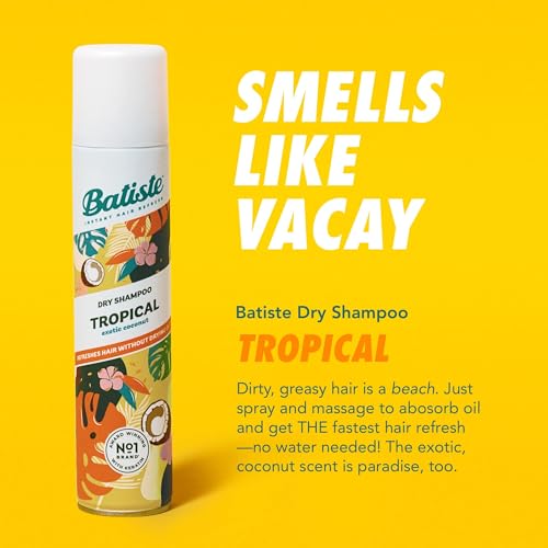 Image of Batiste Dry Shampoo, Tropical Fragrance, 5.71 Oz | Coconut, Vanilla and Jasmine Scent; Refresh Hair and Absorb Oil Between Washes; Waterless Shampoo; For Hair Texture and Body