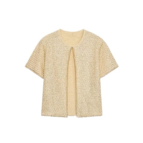 LXHZSY Gilet Sans Manche Femme Cardigan en tricot à paillettes for femme, col rond, manches courtes, boutons, sans, avec bretelles(Yellow cardigan,S)