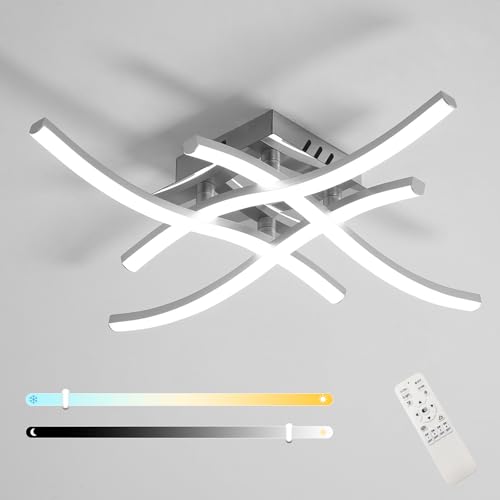 Goeco Dimmable LED Ceiling Light with Remote Control, 28W 3150 lm Curved Ceiling Lights Fixture with 4 LED Strips, 3000K -6500K, Brightness Adjustable, for Living Rooms, Bedroom, Kitchen, Silver