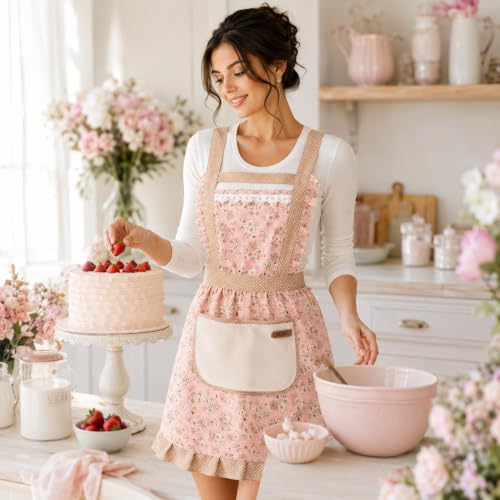 Image of PUJI 1 Pcs Women Kitchen Apron with Hand Wipe Pockts, Big Pocket,Hand-wiping, Waterproof for Cooking Baking,Center Pocket Hand Towel Women and Men (1 Pcs)