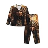 ZXERTG Luxuriöses Damen-Pyjama-Set, Motiv: antikes Ägypten, Stammes-Serie, passende Pyjama-Sets für Urlaub und Familientreffen, Schwarz , XXL