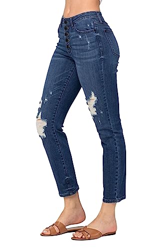 Judy Blue Women's High Waist Zigzag and Button Fly Destroyed Boyfriend Jeans2