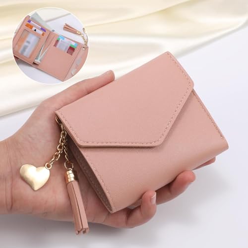 1 PC Small Wallet, Light Metal Heart & Tassel Decor Wallet Small Bifold for Modern Women Elegant and Lightweight Coin Pocket Small Purse (Pink)2