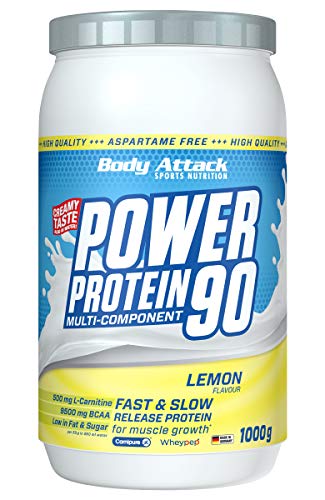Body Attack POWER PROTEIN 90 - Lemon - 1kg Dose - Mehrkomponenten Protein Pulver, Made in Germany - Mit BCAA, Vitaminen & L-Carnitin - Protein Shake extra cremiger Geschmack, gute Löslichkeit