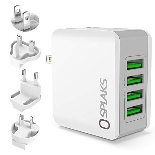 Omew Cargador USB, Adaptador Universal de Corriente Pared 4 Puertos 24 W/5 V 4.8 A EU + US Plugs Cargador Sector porttil Tablet rpida para iPhone, Galaxy S8, LG, Sony, Android-Blanco