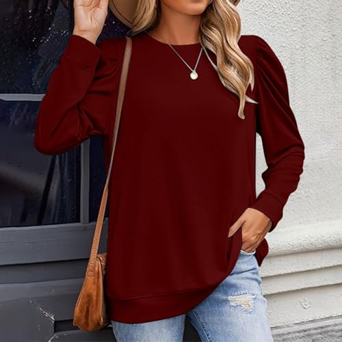 Camiseta básica feminina verão outono manga longa bufante gola redonda caimento solto camisetas femi