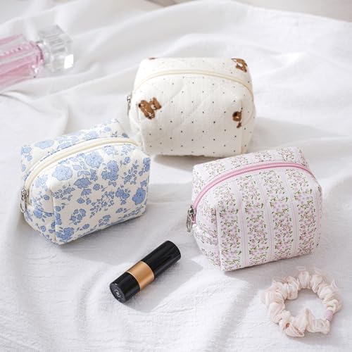 Cute Cotton Mini Cosmetic Bags for Purse,Featherweight Small Quilted Makeup Bag with Zipper, Lipstick Pouch Organizer for Women Girls(02Small Bear)3