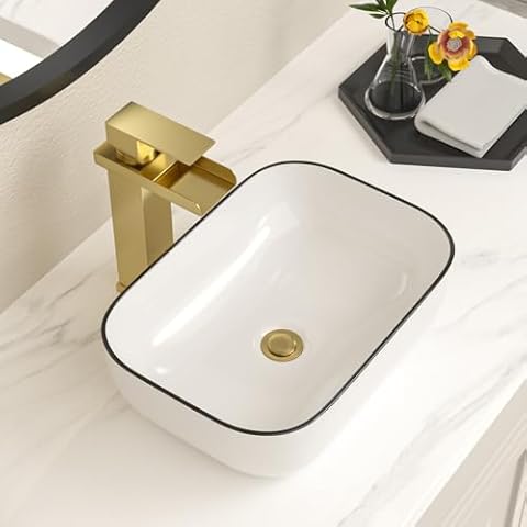 Lofeyo Bowl Sink for Bathroom 15" x 10" Rectangle Boat Shape White Vessel Sink with Black Rim Above Counter Porcelain Ceramic Round Oval Modern Artistic Basin Bowl Sink LOF-15105-HB Cover