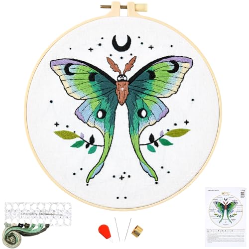 Crafmanoe Hand Embroidery Kit for Beginners Adults, Moth Embroidery Needlepoint Starter Kits, Stamped Counted Cross Stitch Kits for Beginners Adults, Embroidery Hoops, Fabric, Threads & Video Tutorial