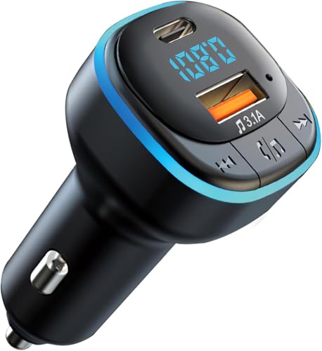 Transmisor FM Bluetooth Coche 5.0, Manos Libres Adaptador Bluetooth Soporte USB 3.1A y Tipo C, Aparato Reproductor MP3 Inalámbrico, Coche Mechero Carga para Soporte Tarjeta TF, Disco U