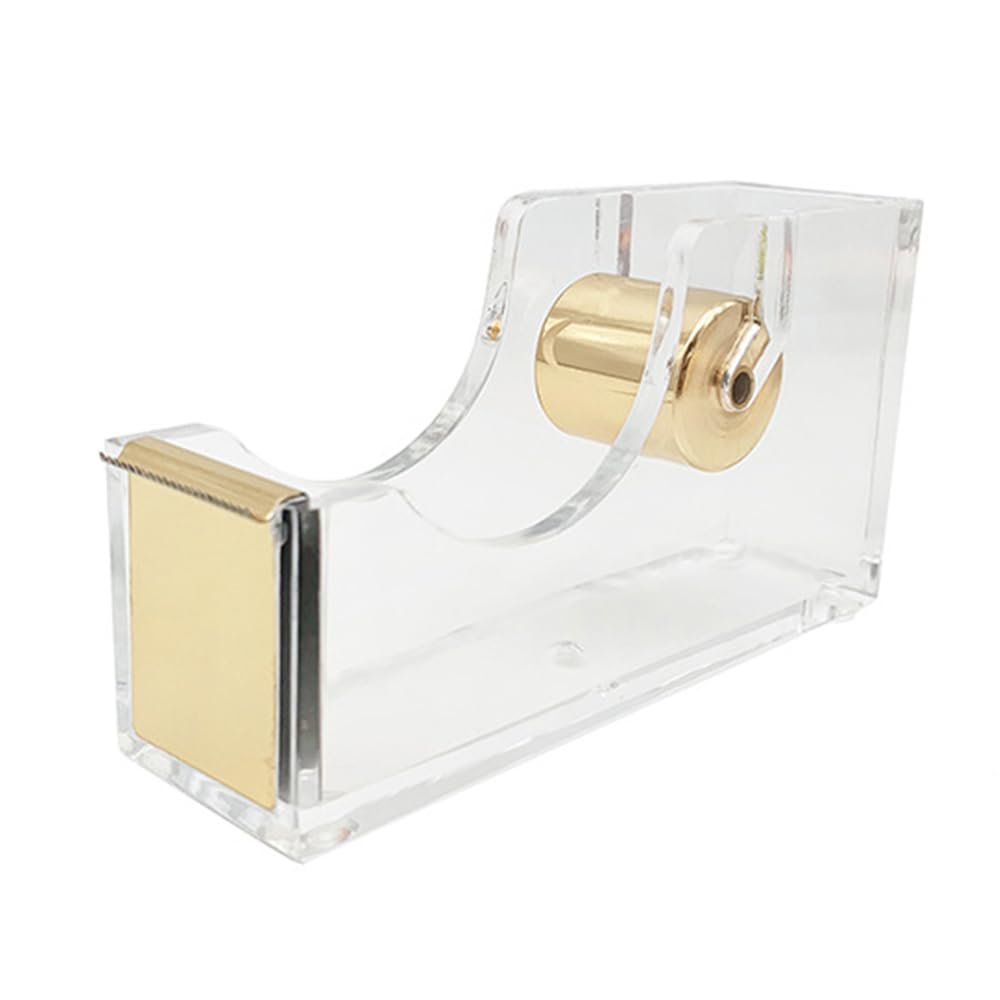 Transparent Desktop Tape Dispenser, Acryl Adhesive Roll Holder for Home School Office Scrapbook Crafts DIY, Gold