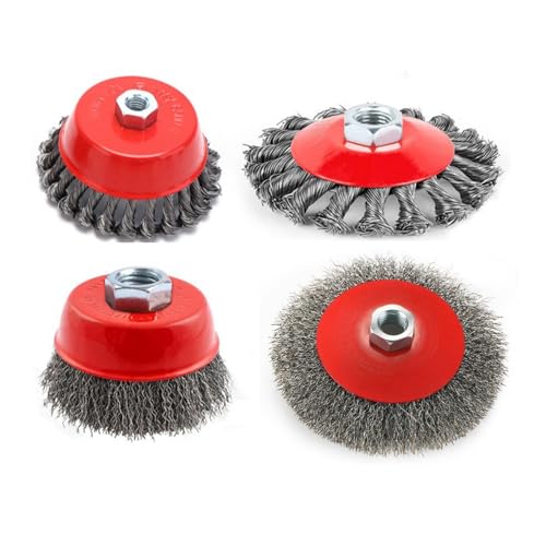 WOMGF 4-teilig Drahtbürsten für Winkelschleifer Metall Kegelbürsten mit M14-Aufnahme Scheibenbürste mit Robusten Gezopften Stahlbürste Ø 75 mm und Ø100 mm