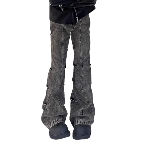 Flared Jeans for Men Mid Waist Stretch Slim Fit Pleated Y2K Streetwear Denim Pants Casual Loose Fit Hip Hop Jeans