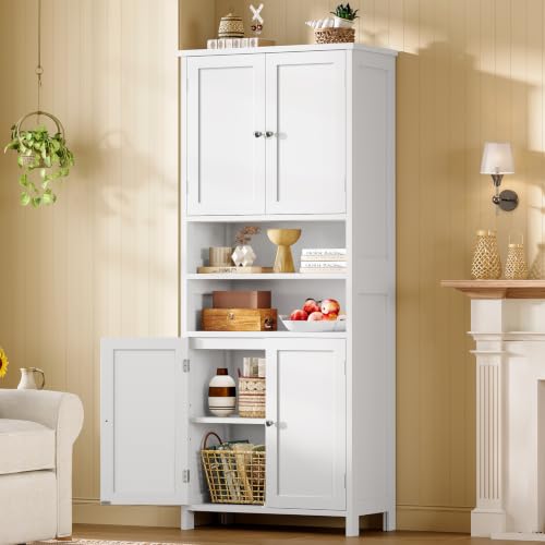 Image of TEENFON 66.9 inch H Tall Bathroom Storage Cabinet with 4 Doors & 2 Open Shelves | Bathroom Cabinet with Adjustable Shelves, Large Capacity Cabinet for Kitchen, Living Room, Entryway, Laundry & Pantry, White