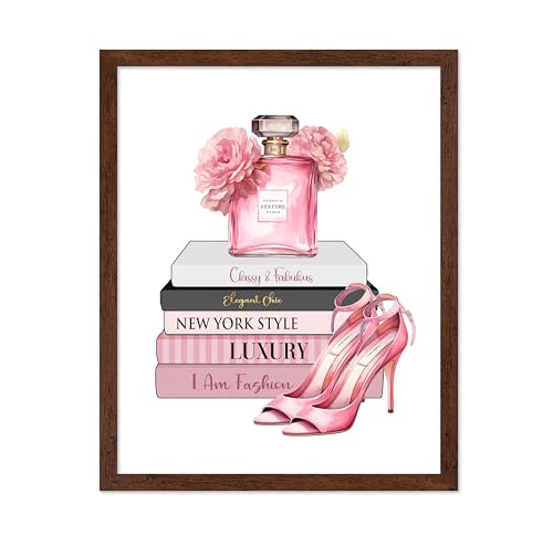Image of Poster Master Fashion Print - Pink Designer Poster - Shoes & Perfume Art - Chic Gift for Her & Fashionista - Luxury Haute Couture Decor for Bedroom or Girl's Room - 16x20 Brown Framed