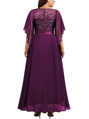 Image of Miusol Women's Plus Size Sequin Lace with Ruffle Cape Cloak Sleeves Elegant Evening Gown Wedding Guest Maxi Dress