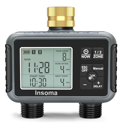 Insoma Water Timer with Brass Inlet 2 Independent Zones Outdoor Hose Timer for Garden Faucet with Auto/Manual/Rain Delay Mode Sprinkler Irrigation Timers for Yard Lawn