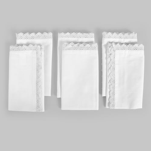 Image of FINGERCRAFT Cloth Napkins Set of 6, 20x20 Inch, 100% Cotton Table Napkins with Premium White Lace Edge, Reusable Washable Dinner Napkins for Wedding, Festive Dining, Parties & Home Decor (White)