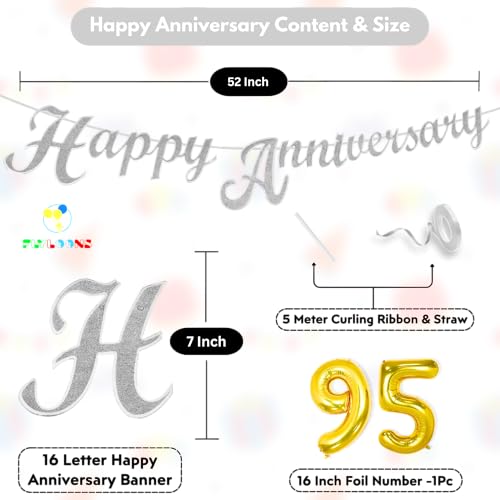 Image of Flyloons 95th Happy Anniversary Banner Silver Decorations Kit for Men Women Wedding Anniversary Banner Items without Balloons