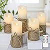 Flameless Candles Flickering with Timer Set of 5 Battery Pillar Candles with Hemp Rope Realistic Wax Candle Lights for Summer Party Home Table Decor