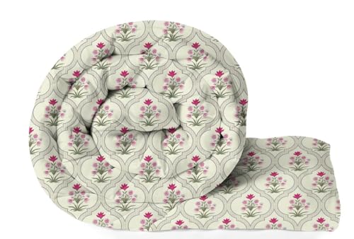 Image of HOMEKART 220 GSM Reversible Microfiber AC Comforter for King Size Bed | 3-Layer Quilted All-Season Duvet for Mild Winter | Soft & Breathable (220 x 240 cm, Floral, Almond and Pink Flower)