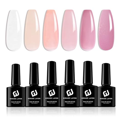 MIRAGE LAYON Gel Nail Polish Set 6 Colors Jelly Gel polish White Pink Red Nude Nail Polish Soak Off Gel Nail Kit Manicure DIY Home Salon for Women