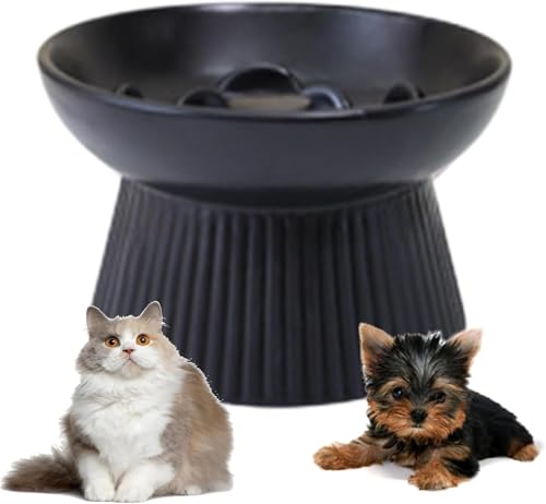 早食い防止セラミック食器 - 散らばりにくい犬用フードボウル | 高さ付き・倒れにくい陶器製皿 | 子犬・子猫用Sサイズ | 水飲み皿・スタンド付き | 滑り止め・洗いやすい | 電子レンジ・食洗機対応 (ブラック)