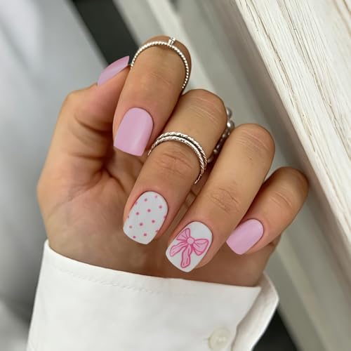 VOTACOS Milky Pink Acrylic Press on Nails Short Square Acrylic Fake Nails Press Ons with Glue 24PCS White Polka Dot Glue on Nail with Design Cute Bow Stick on False Nail for Women and Girls — view 3
