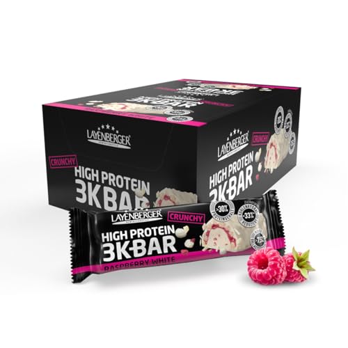 Layenberger 3K Protein Bar Crunchy - Fitness Riegel - viel Eiweiß, wenig Zucker - 15er Pack (15 x 45 g) - Raspberry White