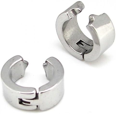 2 Thick Snap Creoles Huggies Hoop Fake Earrings without Earhole Coulour: Silver Woman Man