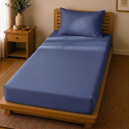 Image of Linen Home Cotton Percale Fitted Bedsheet Set Single Size Dark Blue
