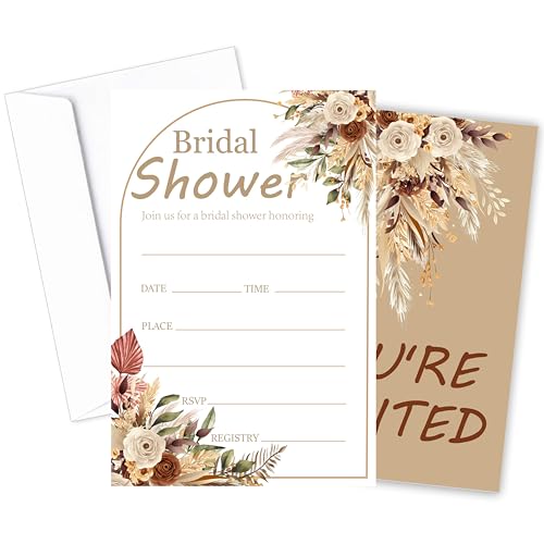 Boho Floral Bridal Shower Invitation Cards, Retro Flowers Invites For Bridal Shower Party, Set Of 25 Invitations With Envelopes For Engagement Bachelorette Party Favors, Wedding Planning Supplies, 13
