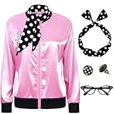 SOMSOC 5 Pieces 1950s Women Pink Satin Jacket with Polka Dot Scarf Headband Earrings Eye Glasses Halloween Party Costume Set