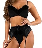 Sheer Mesh Babydoll Lingerie with Faux Fur Trim and Matching Panty Sexy Exotic Chemise Nightdress with Pom Pom Detail (Black, L)