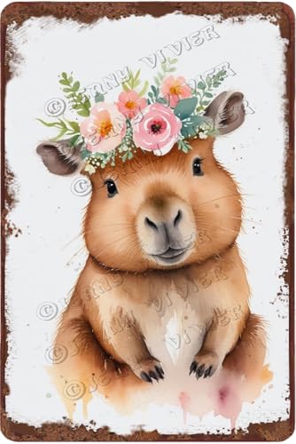 Watercolor Capybara Nursery Wall Decor, Funny Capybara Metal Tin Sign with Floral Crown, 5.5 x 8 inches, Kids Room Decoration, New Home Gifts