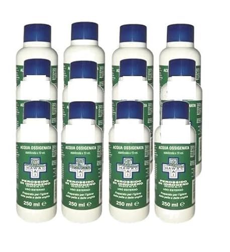 Acqua Ossigenata disinfettante F.U. 3% 10 Volumi con tappo di sicurezza per bambini flacone da 250 ml (Confezione da 12 pezzi), Made in Italy