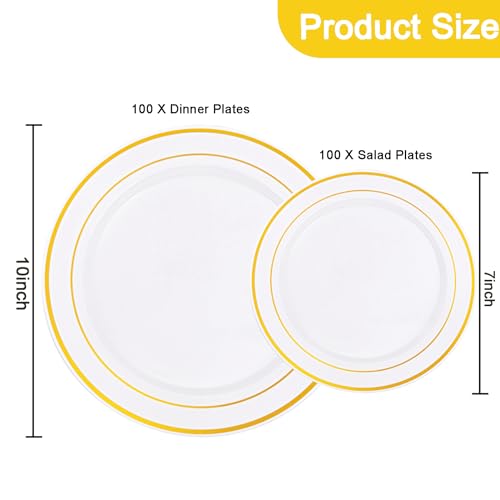 I00000 200 Pcs Gold Plastic Plates - Disposable Party Plates Include 100 Dinner Plate and 100 Elegant Dessert Plate Perfect for Party, Holiday, Wedding & Birthday