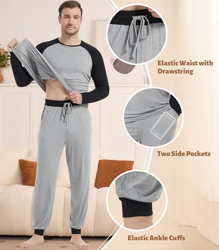 Image of NACHILA Mens Pajamas Set Long Sleeve Henley Sleepwear Top Soft Jogger Pants Pajamas Cool Pjs Set,Viscose Made from Bamboo