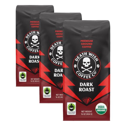 Image of Death Wish Coffee, Organic and Fair Trade Dark Roast Ground Coffee, 16 oz (Pack of 3)
