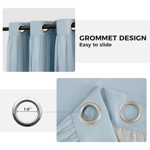 Image of 100% Blackout Curtains for Bedroom, Double Layer Blue Curtains, Black Out Curtain 108 inch Long with Sheer Overlay for Living Room, Room Darkening Window Drapes with Grommet, 52 inch W x 108 inch L