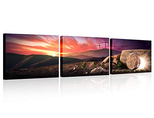 3 Piece Wall Decorations for Living Room Three Crosses at Sunrise Wall Art Christian Poster Prints on Canvas Modern Empty Tomb of Jesus Christ Home Decor Framed Ready to Hang (14x20 inch x3)