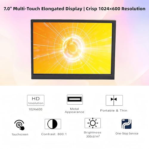 Image of 7-inch IPS Touchscreen Bar Display, 1024x600, Metal Shell, Type-C /HDMI. for Raspberry Pi, Laptop Aida64, GPU /CPU Monitoring, PC Case Screen. (P70D-T)