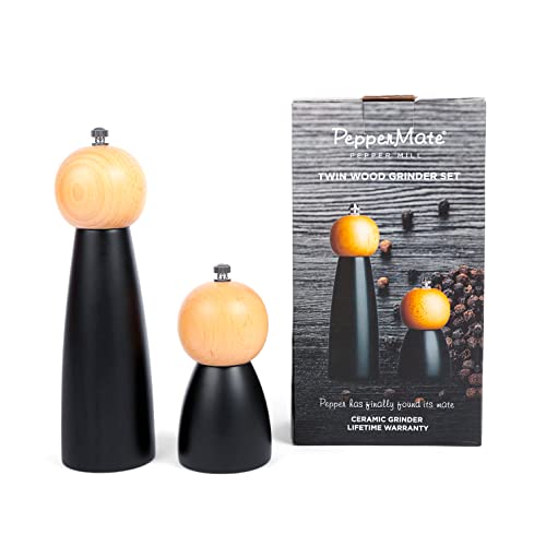 Peppermate Wooden Salt And Pepper Grinder Set, Black Beechwood Refillable Pepper Mills, Adjustable Ceramic Burrs, Large Wood Pepper Grinder Mill Holds 100G, Small Salt And Pepper Mill 40G #TOP9