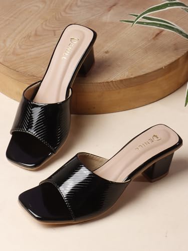 Image of Denill Women's Slip-On Heeled Sandals Square Toe, Textured Upper & Non-Slip Sole