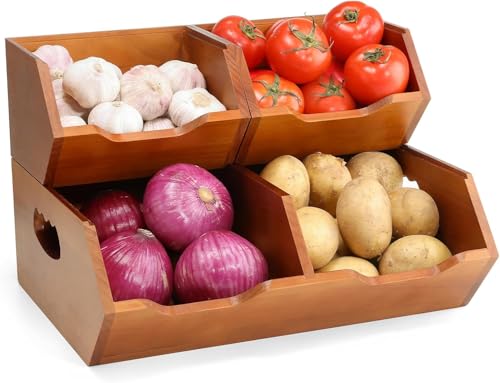 Aquzee Caja para Guardar Patatas de 2 Capas, Apilable Cesta para Patatas y Cebollas de Madera Juego de 3 Piezas, Desmontable Almacenaje Cocina Adecuado para Ajo, Cebolla, Verduras, Frutas y Pan