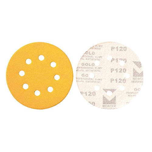 Exclusive Discount 50% Price Mercer Industries 5538040 Hook & Loop Premium Gold Stearated Non-Loading Disc, Aluminum Oxide, 5" x 8 Dust Holes, Grit 40C, 50 Pack